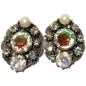 Watermelon Rhinestone Pearl Large Vintage Earrings