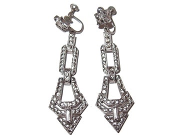 Rare True Art Deco Pave Paste Stones Dangle Platinum Finish Earrings