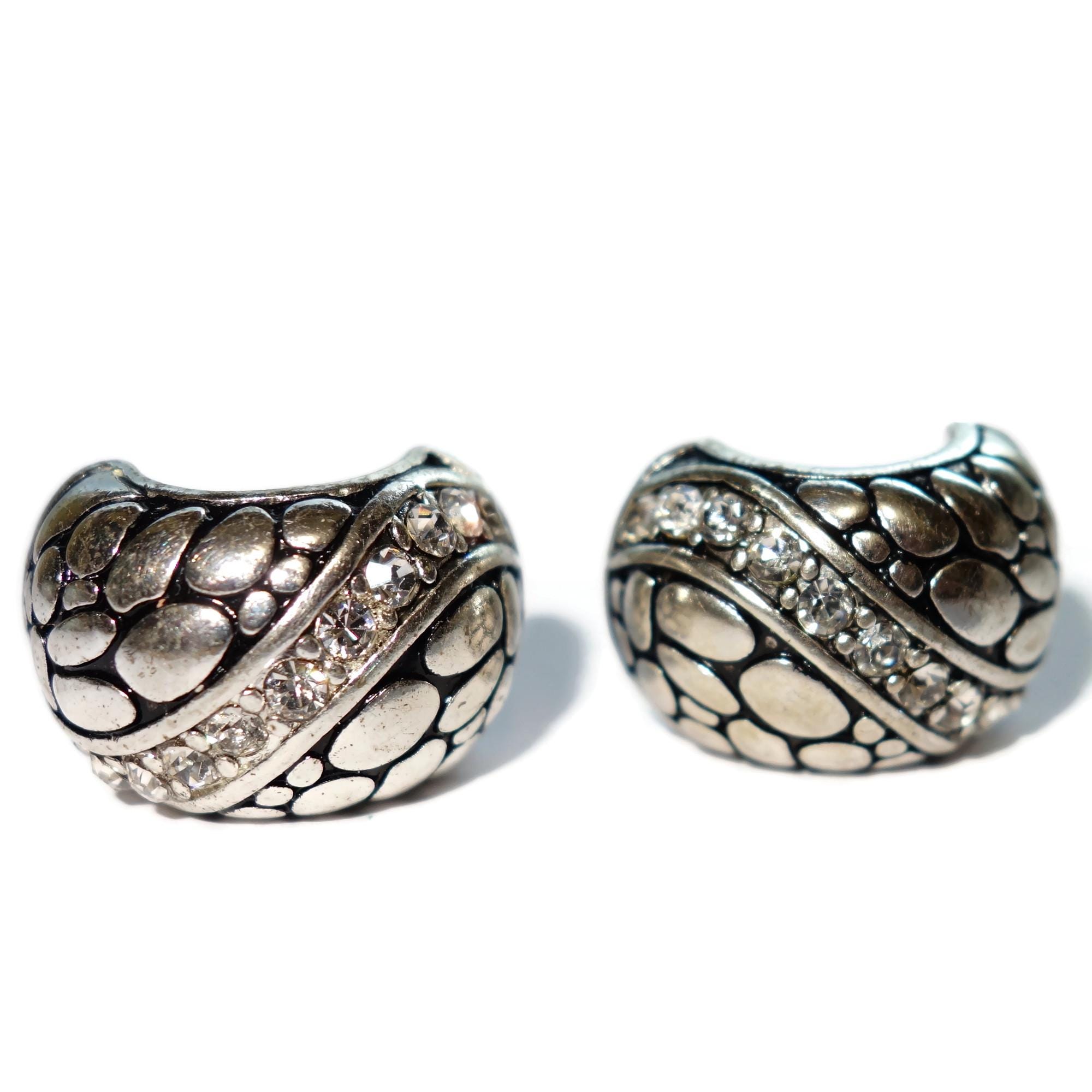 Textured Silver-tone With Rhinestone Clip-on Earrings - Etsy