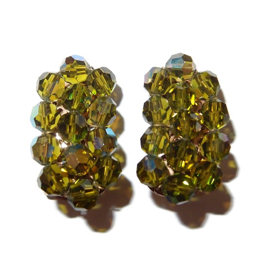 Olive Green Crystal Cluster Vintage Earrings - image 2