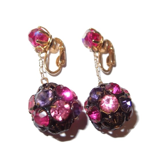Dangle Purple Pink Rhinestone Vintage Earrings