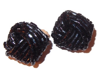 BLOWOUT SALE Black Seed Bead 60s Clip-on Earrings