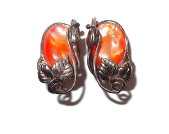 Unique Orange Cabochon Silver-tone Leaf Vine Vintage Earrings