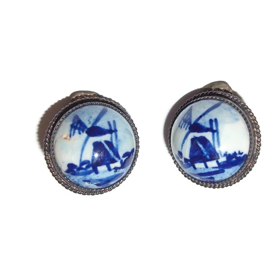 Dutch Delft Blue Windmill Clip-on Earrings