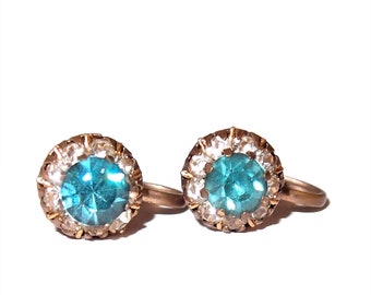 Turquoise and Clear Rhinestone Stud Style Screw-back Earrings