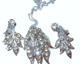 Rhinestone Leaf Pendant and Dangle Earrings