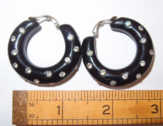 BLOWOUT SALE Black Rhinestone Clip-on Hoop Vintag… - image 5