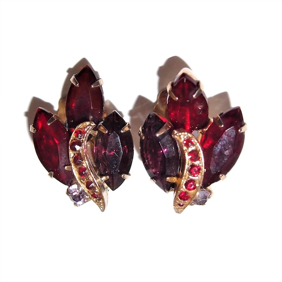 Red and Purple Rhinestone Vintage Clip-on Earrings