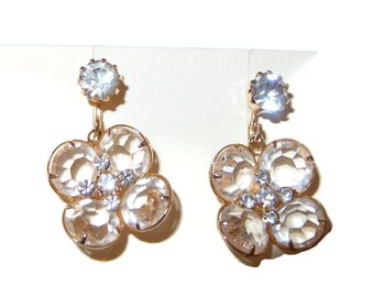 Clear Floral Crystal and Rhinestone Drop Vintage Earrings