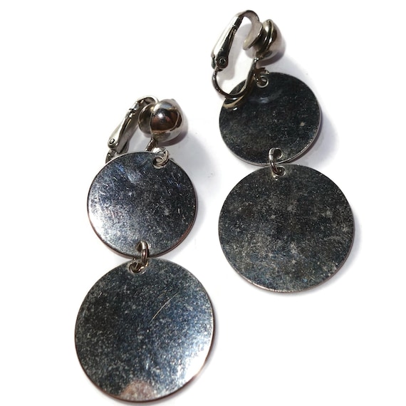 70s Round Silver-tone Disco Disk Dangle Earrings - image 1
