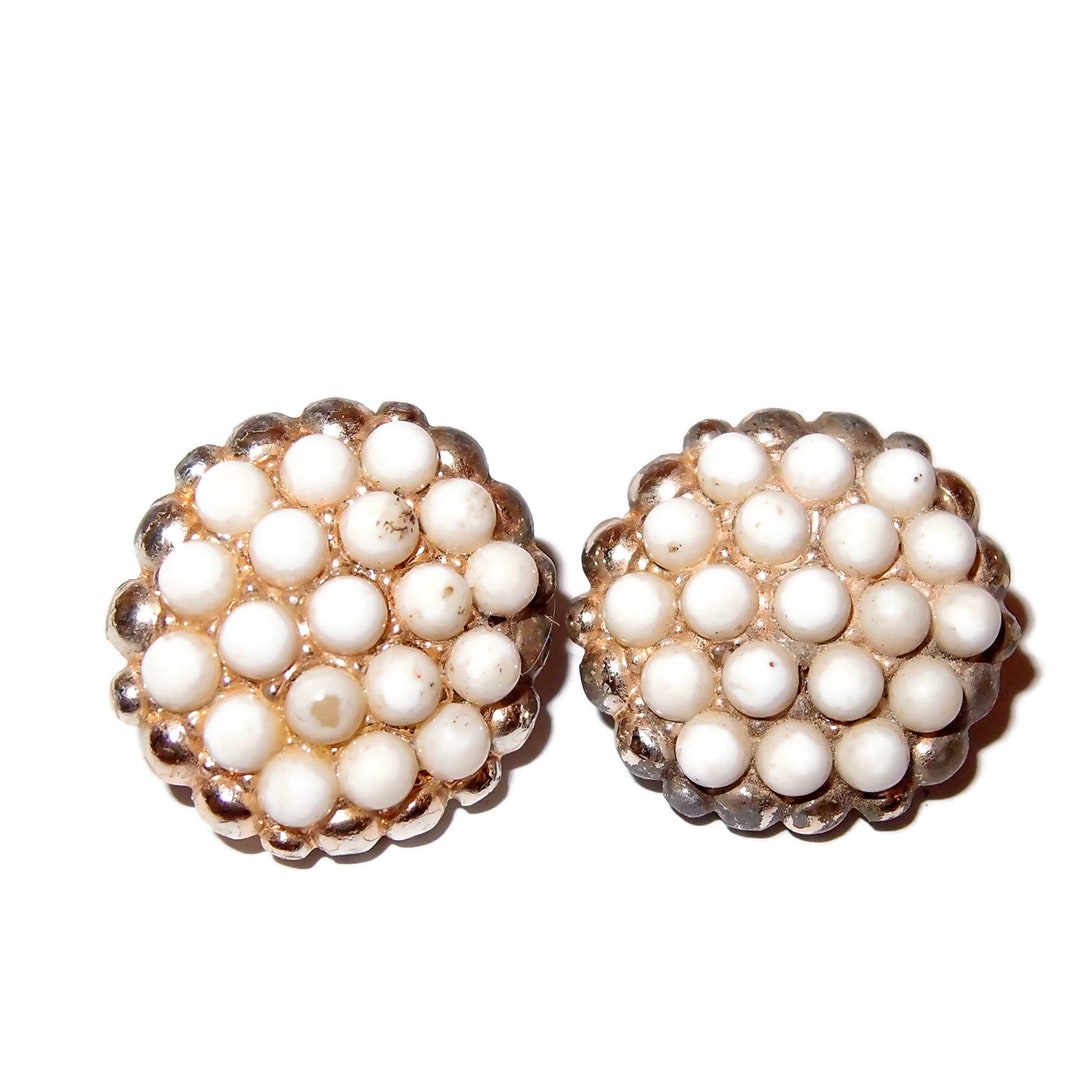 Boucles D'Oreilles Vintage – Rondes Or Avec Perles Blanches – Clips – Modèle *4609 – Occasion