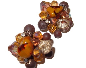 Orange and Brown Bead Cluster Vintage Clip-on Earrings
