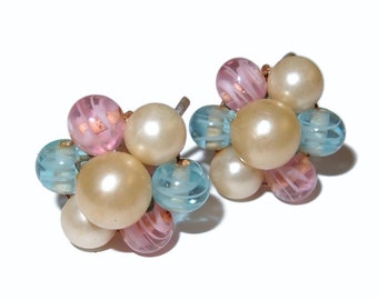 Baby Blue and Pink Art Glass Beaded Vintage Earrings
