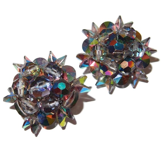 Spiked Rainbow Crystal Vintage Clip-on Earrings - image 2