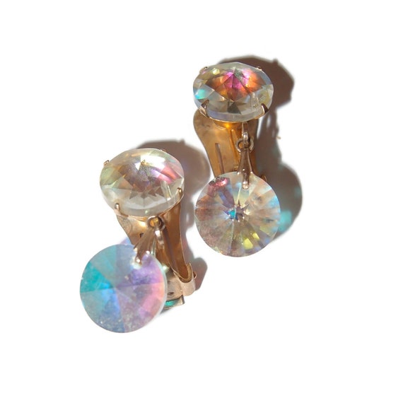 Aurora Borealis Drop Crystal Clip-on Vintage Earr… - image 2