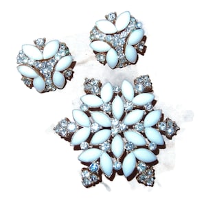 TRIFARI Milk Glass Rhinestone Snow Flake Brooch Earring Set