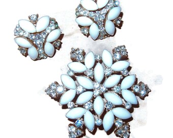 TRIFARI Milk Glass Rhinestone Snow Flake Brooch Earring Set