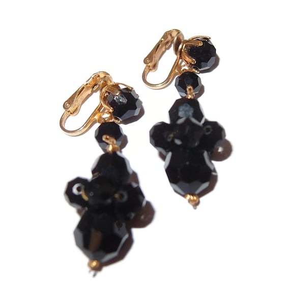Black Cluster Bead Dangle Vintage Earrings - image 1
