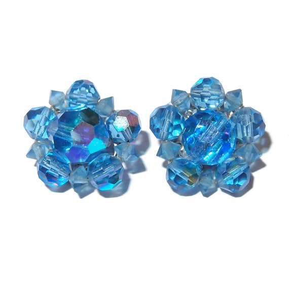 Blue Crystal Bead Cluster Clip-on Earrings - image 2