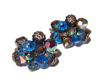 VENDOME Fancy Blue Crystal Beaded Clip-on Vintage Earrings