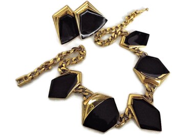 Abstract MONET Black Enamel Necklace and Earring Set