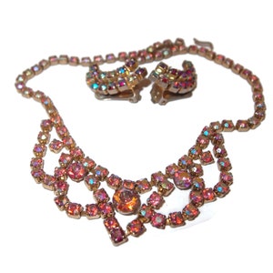 Vintage Reddish Pink Aurora Borealis Rhinestone Necklace Earring Set