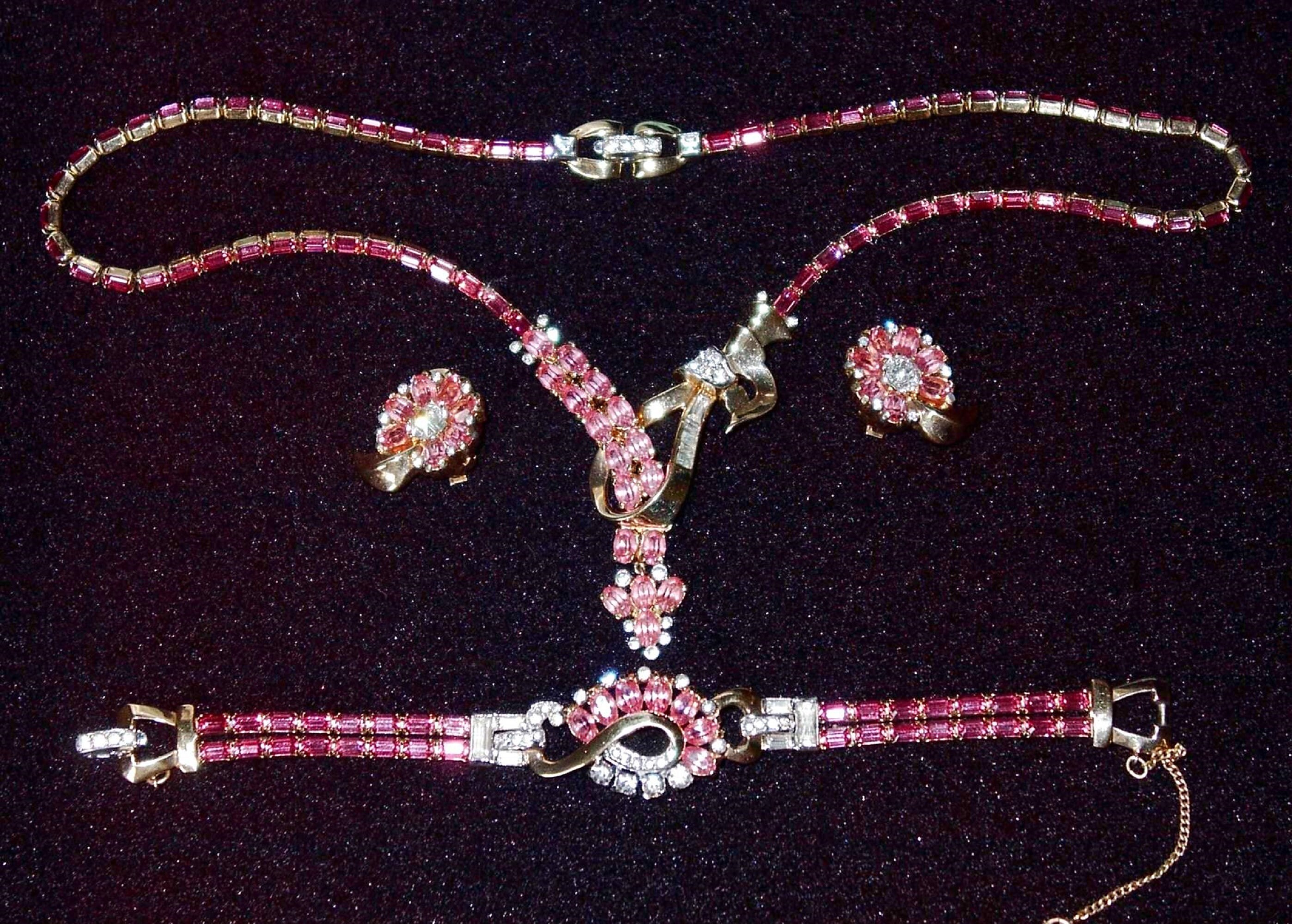 Rare Pink Crystal MAZER Set Necklace, Bracelet, Earrings