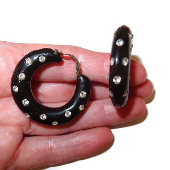 BLOWOUT SALE Black Rhinestone Clip-on Hoop Vintag… - image 2