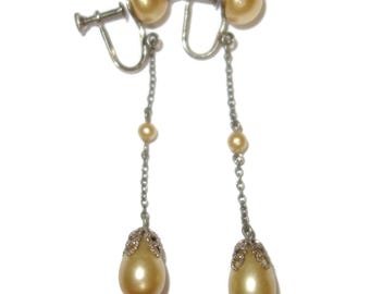 Antique Art Deco Dangle Pearl Screw-back Earrings
