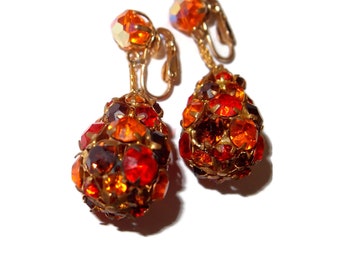 Hand Pronged Orange Rhinestone Bob Drop Vintage Earrings