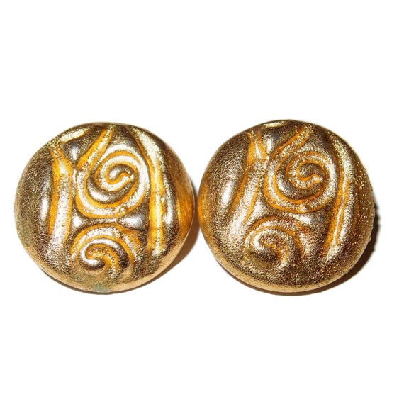 Large Scroll Embossed Button Vintage Earrings - image 2