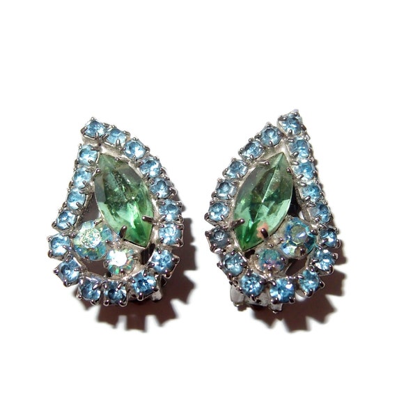 Green and Blue Rhinestone Vintage Clip Earrings