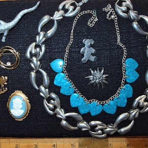 May include: A collection of silver tone jewellery featuring a lizard charm, a horse charm, a cameo brooch, a heart shaped necklace with turquoise stones, a star shaped brooch, and a circular brooch with a single rhinestone.