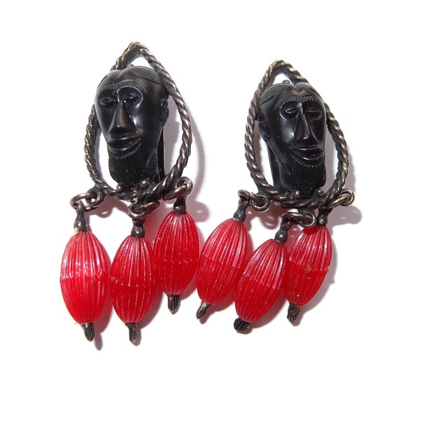 BLOWOUT SALE Rare SELRO Earrings Black Face with Red Dangle Beads