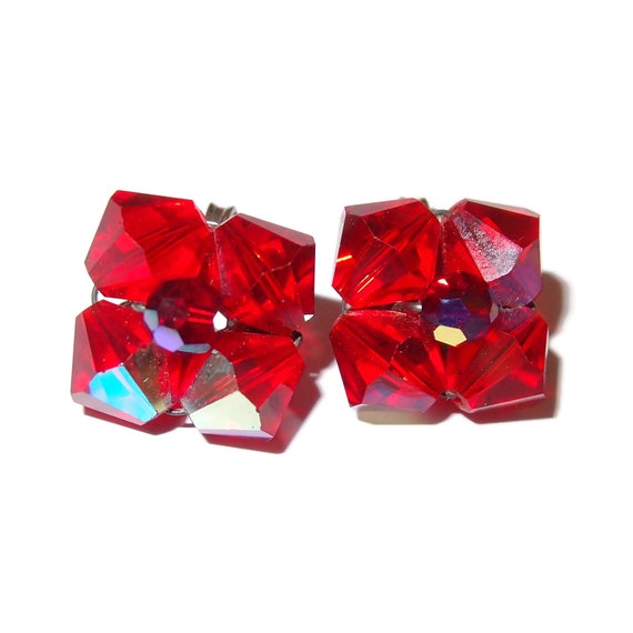 Red Aurora Borealis Crystal Bead Clip-on Earrings - image 2