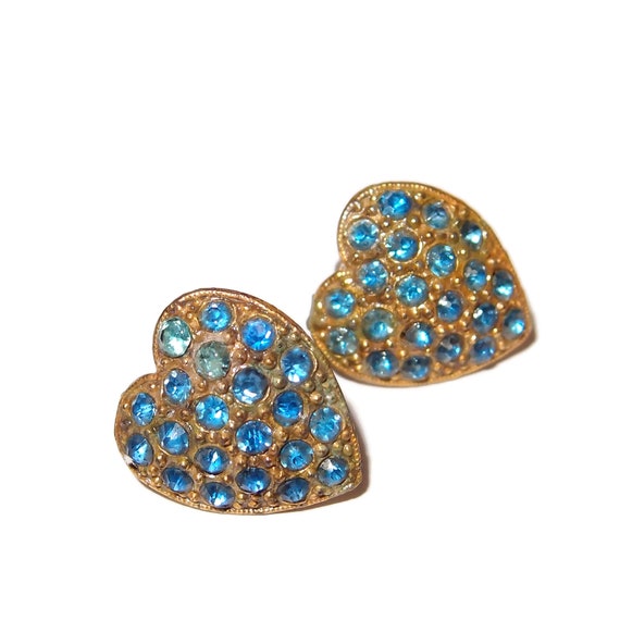 STERLING Blue Rhinestone Heart Vintage Earrings