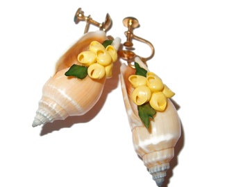 Large Shell and Shark Teeth Dangle Vintage Earrings