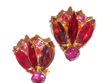 Pendientes de clip vintage con forma de abanico de diamantes de imitación de color rosa a rojo