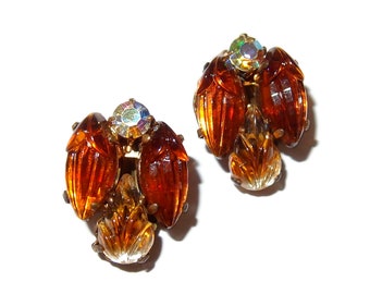 WEST GERMANY Gold Rhinestone Clip-on Earrings