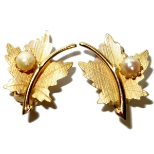 Gold-tone Oak Leaf with Pearl Clip-on Earrings