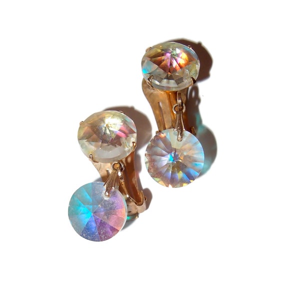 Aurora Borealis Drop Crystal Clip-on Vintage Earr… - image 1