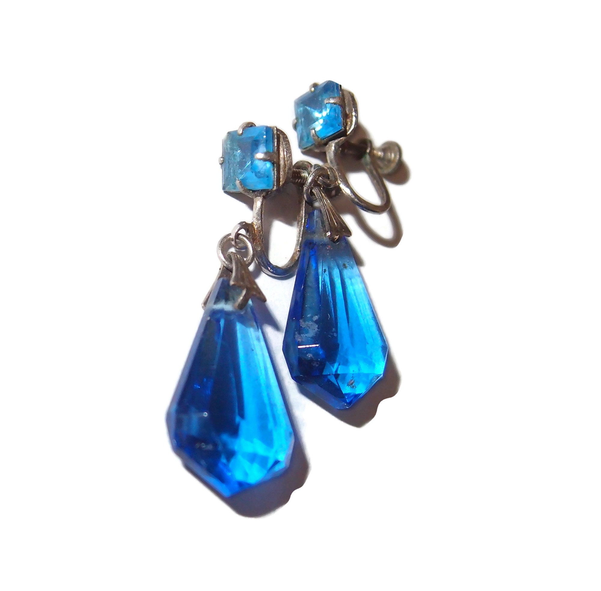 Blue Crystal Art Deco Drop Screw-back Earrings