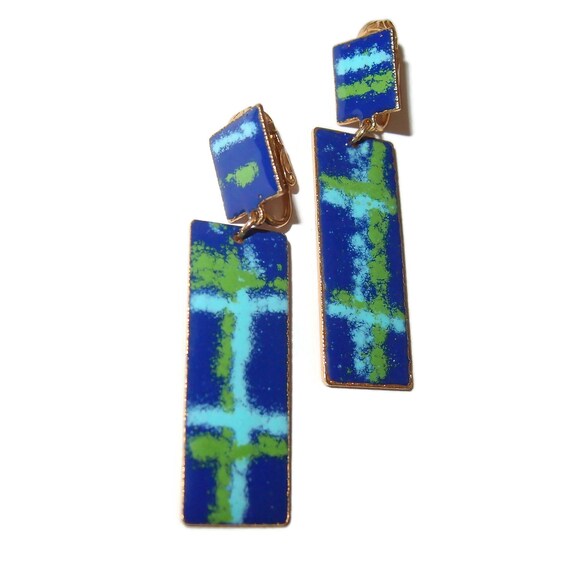 Plaid Enamel Blue and Green Drop Vintage Earrings - image 2