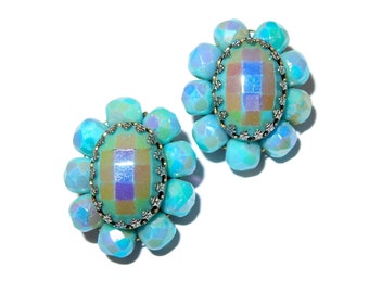 Blue Aurora Borealis Bead Oblong Clip-on Vintage Earrings