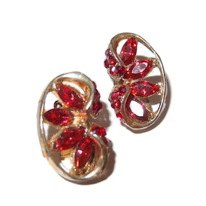 Unusual Red Rhinestone Clip-on Vintage Earrings