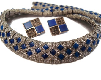 LES BERNARD Lapis Pave Rhinestone Necklace Earring Set