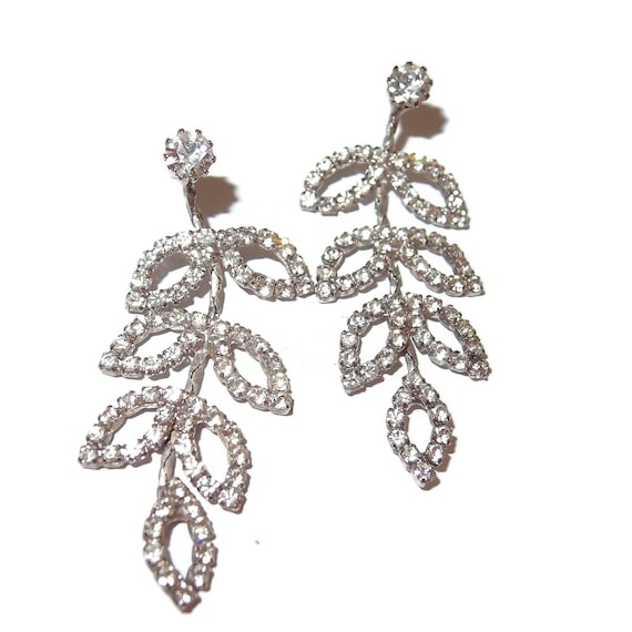 Dangle Rhinestone Open Leaf Post Earrings - image 1