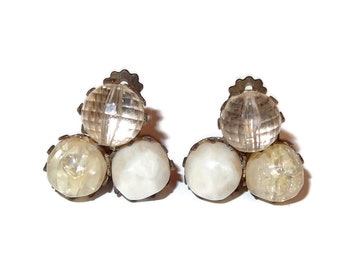 Boucles D'Oreilles Vintage Clips Perles Blanches - Laiton Argenté - 1,8 Cm - Neuf