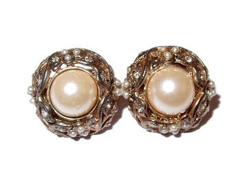 Vintage Faux Pearl Earrings with Peppered Seed Pearls and Rhinestones