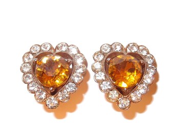 BOGOFF Golden Yellow Rhinestone Heart Clip-on Earrings
